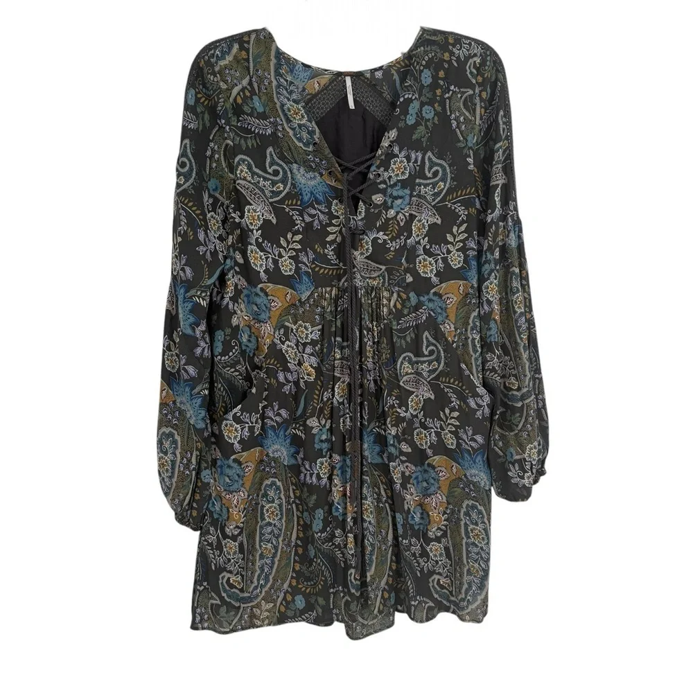 Free People Rain or Shine Dress S Paisley Floral Lace Up Tunic Gray Long Sleeve